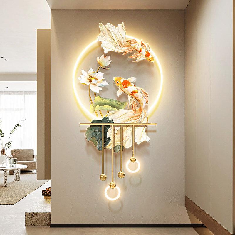 轻奢玄关装饰画锦鲤入户立体尽头挂画带灯发光走廊过道吊坠壁画