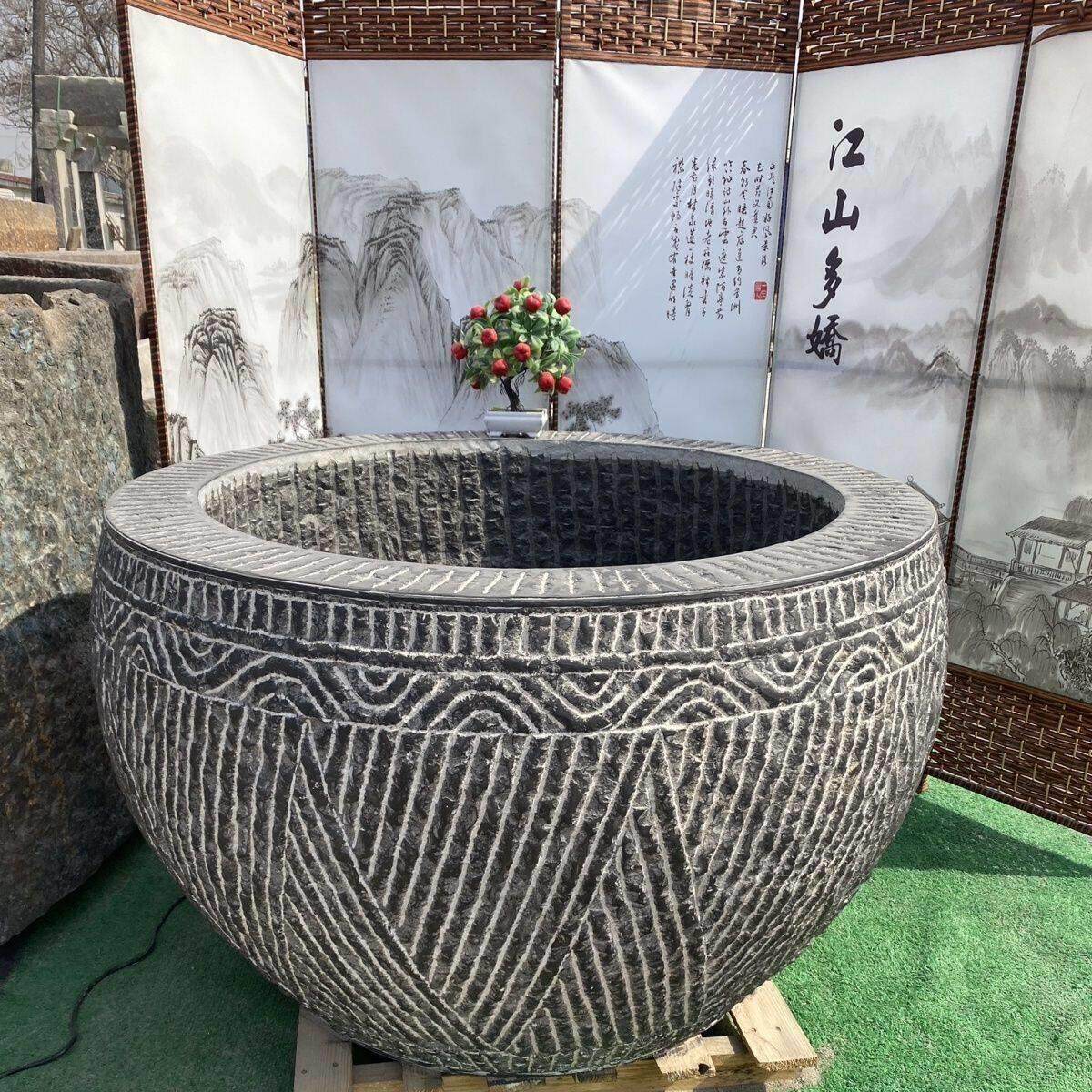 青石鱼缸盆彷古石雕水缸老式庭院石缸石头圆缸纯手工石盆室外石槽