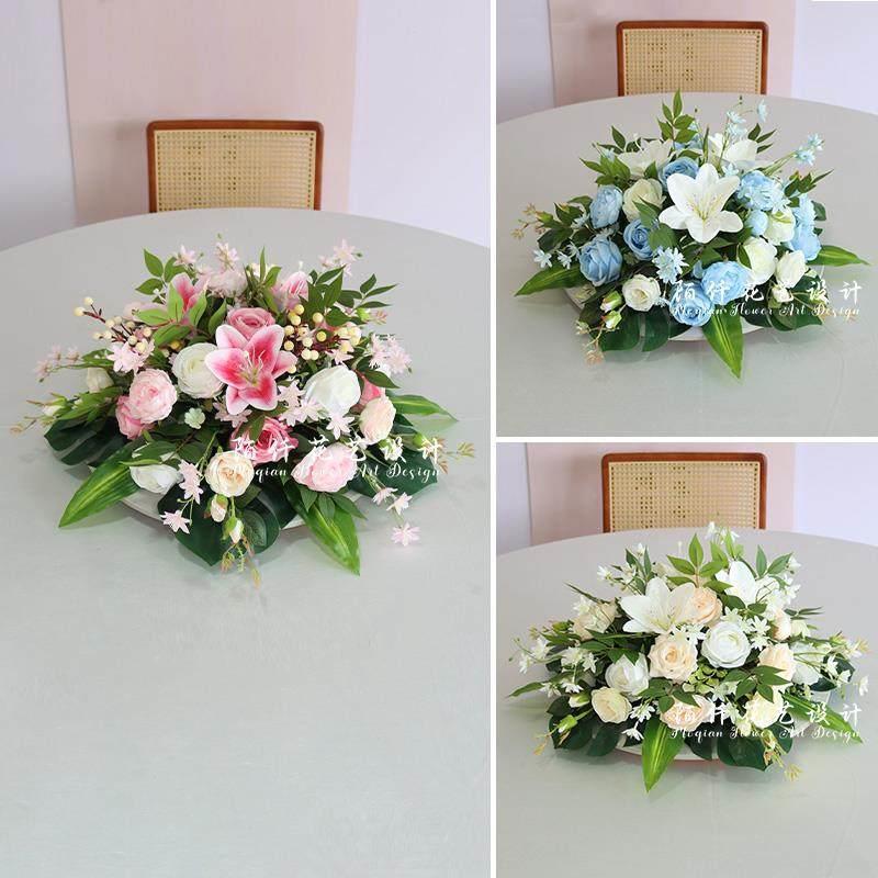 大圆桌中间摆放花艺彷真花装饰花假花绢花饭店餐桌转盘桌面摆设花