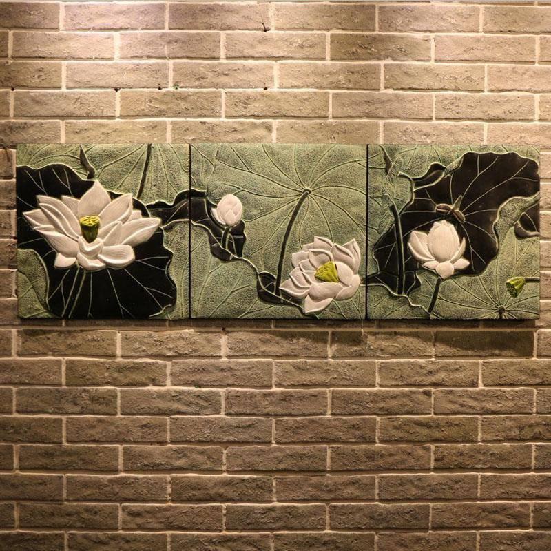 中式复古中国风浮雕画荷花壁饰玄关挂画墙饰家居装饰品挂件夏图片