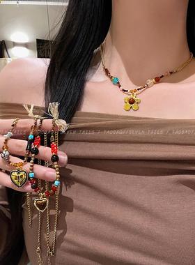阳光倾落~花朵爱心彩色串珠项炼女小众设计锁骨炼中古民族风配饰