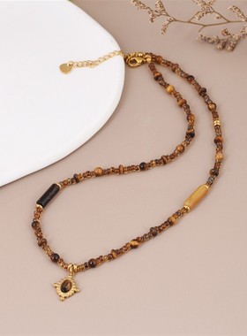 爆款美拉德风黄虎石吊坠不锈钢项链真空电镀14k金跨境轻奢虎眼石