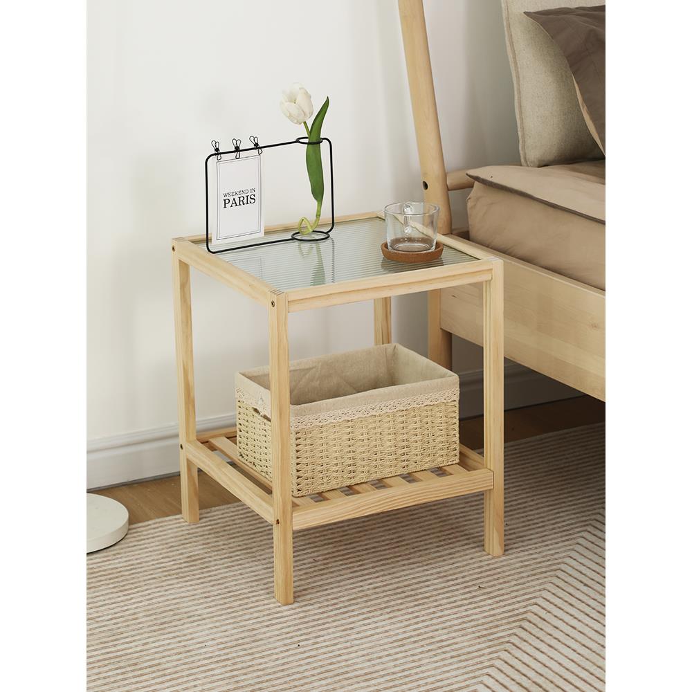 北欧风实木玻璃茶几创意小户型方形茶桌卧室床头柜客厅沙发边几