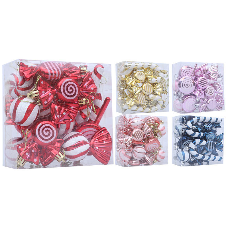 跨境新款圣诞球挂件礼盒18pcs套装圣诞树配件装饰糖果拐杖