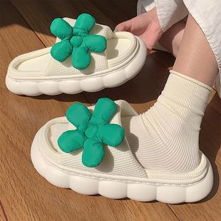 细细条 女夏静音防滑厚底居家用棉麻凉拖 四季 通用小绿花亚麻拖鞋