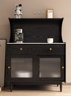 全实木餐边柜橡木黑色复古茶水酒水柜碗柜储物柜客厅美式法式简约