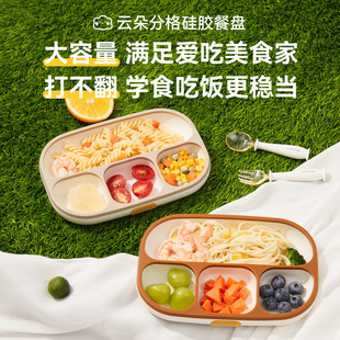 可可萌云朵硅胶分格餐盘带吸盘可微波炉加热575ML宝宝吃饭吃菜碗