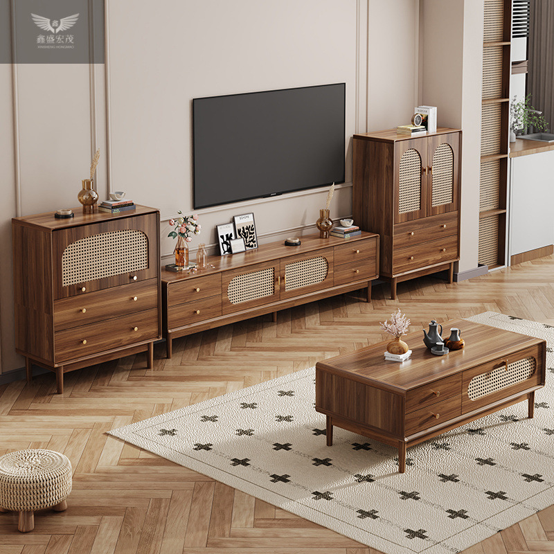 实木复古简约藤编电视柜中式北欧小户型框客厅家用茶几电视柜组