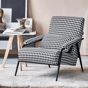 现代轻奢休闲单椅家用阳台懒人躺椅千鸟格沙发靠背椅XJ