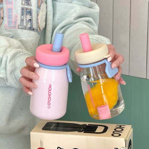 holoholo小奶杯子玻璃杯女生办公室桌面高颜值茶水分离杯吸管水杯