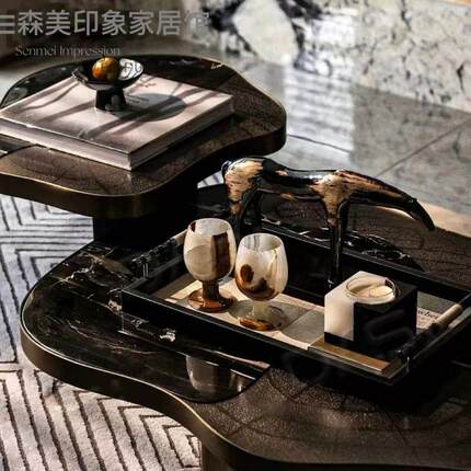 新中式马样板间售楼处茶几玉石杯水墨意境装饰品摆件组合软装