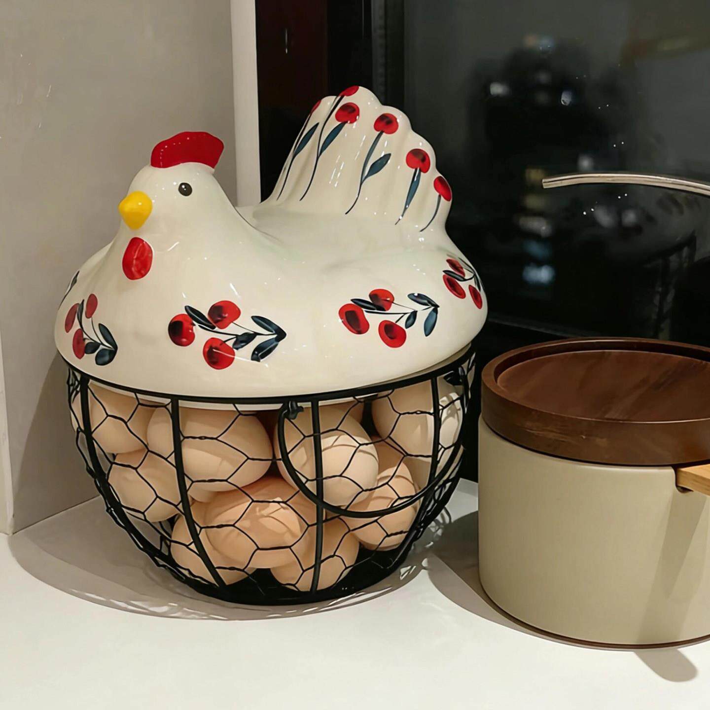 【幸福感小物件】可爱鸡蛋收纳盒陶瓷家用厨房桌面创意铁艺编织筐