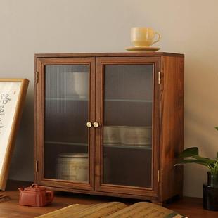 桌面实木黑胡桃茶室茶道器皿杯子收纳柜玻璃双门多层储物边柜 日式