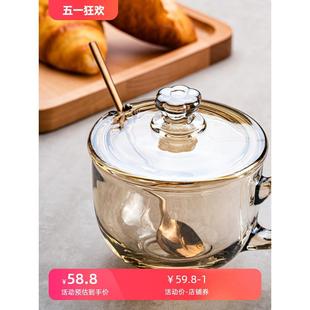大容量玻璃杯燕麦片早餐杯子家用女牛奶杯带盖勺碗水杯带把咖啡杯
