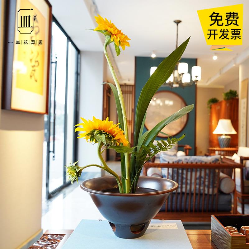 中华花艺梅花碗中式花器剑山插花器碗花螺纹陶瓷大碗日式禅意器皿