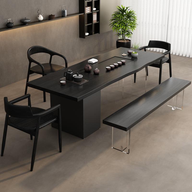 侘寂风实木茶桌椅组合黑色碳化家用泡茶桌办公室接待桌茶台一体