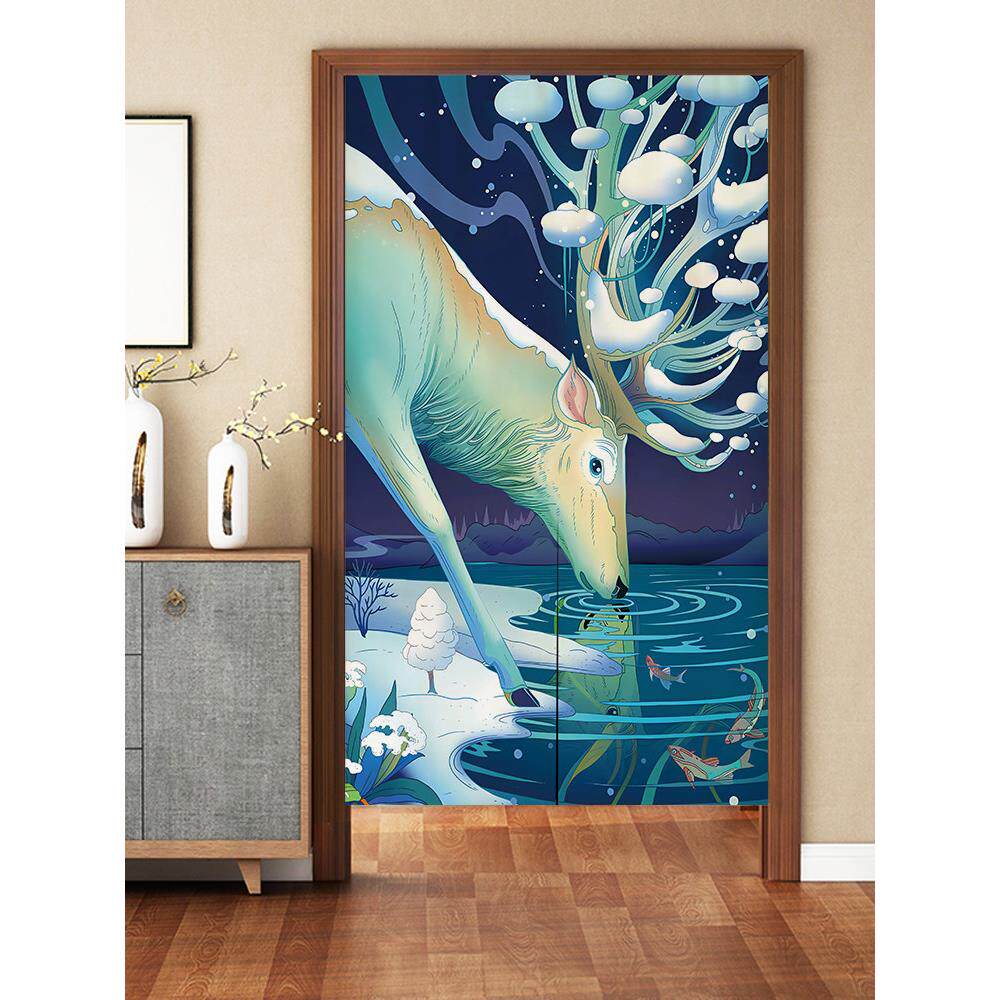 新型中国风布艺门帘吉祥鹿印花窗帘客厅房间挂帘过道浴室堵不打孔