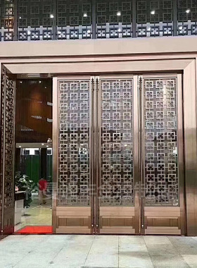 加工售楼部酒店工程通花金属玫瑰金四开不锈钢地弹簧玻璃大门