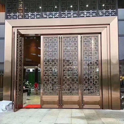 加工售楼部酒店工程通花金属玫瑰金四开不锈钢地弹簧玻璃大门