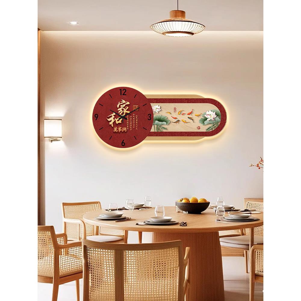 新型中餐厅挂钟装饰画高档餐桌背景挂钟壁挂客厅静音挂钟壁灯