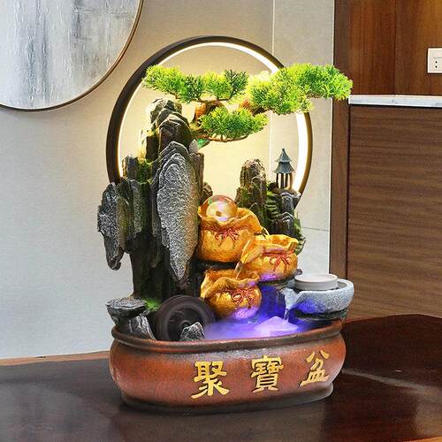 招财聚宝盆流水摆件客厅办公室桌面假山摆件风水轮景乔迁开业礼物