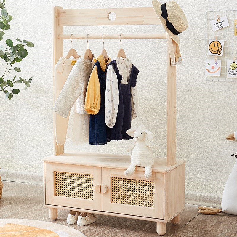 落地实木衣帽架儿童房间简易衣柜家用多功能卧室衣橱衣架柜子一体