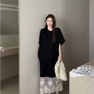 时尚 连衣裙超大码 韩版 过膝短袖 300斤女 直筒拼接蕾丝长款 胖MM夏季