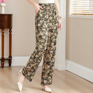 新款 休闲长裤 棉绸阔腿裤 薄款 子 女高腰印花直筒大码 中老年妈妈夏季