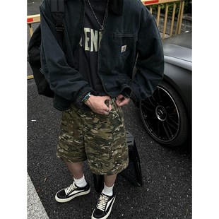男夏季 短裤 新款 美式 客订面料 潮流水洗做旧五分中裤 暗调迷彩工装