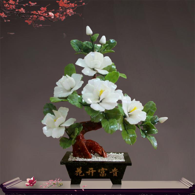 天然玉牡丹花家居工艺品玉石装饰盆栽创意盆景客厅饰品玄关摆件