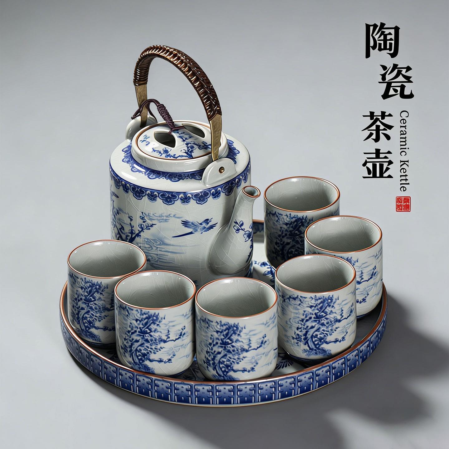 青花瓷茶壶茶杯套装功夫茶具家用陶瓷一壶六杯大容量客厅冷凉水壶