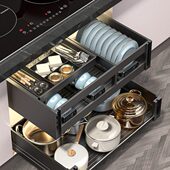 厨房橱柜拉篮抽屉式 双三层开门太空铝碗碟抽中抽收纳置物架分隔蓝