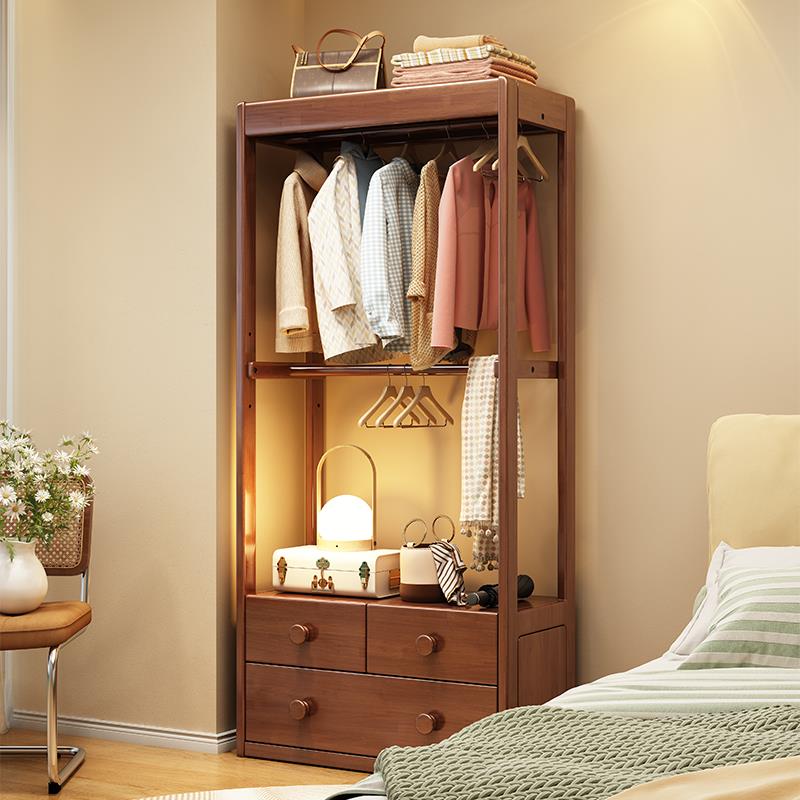 实木衣帽架落地卧室家用床头柜一体置物架床边挂衣架带抽屉收纳架
