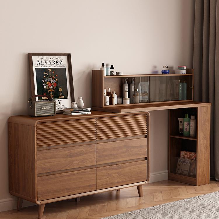 化妆台斗柜一体卧室床尾化妆桌实木色新中式伸缩收纳转角书桌新款