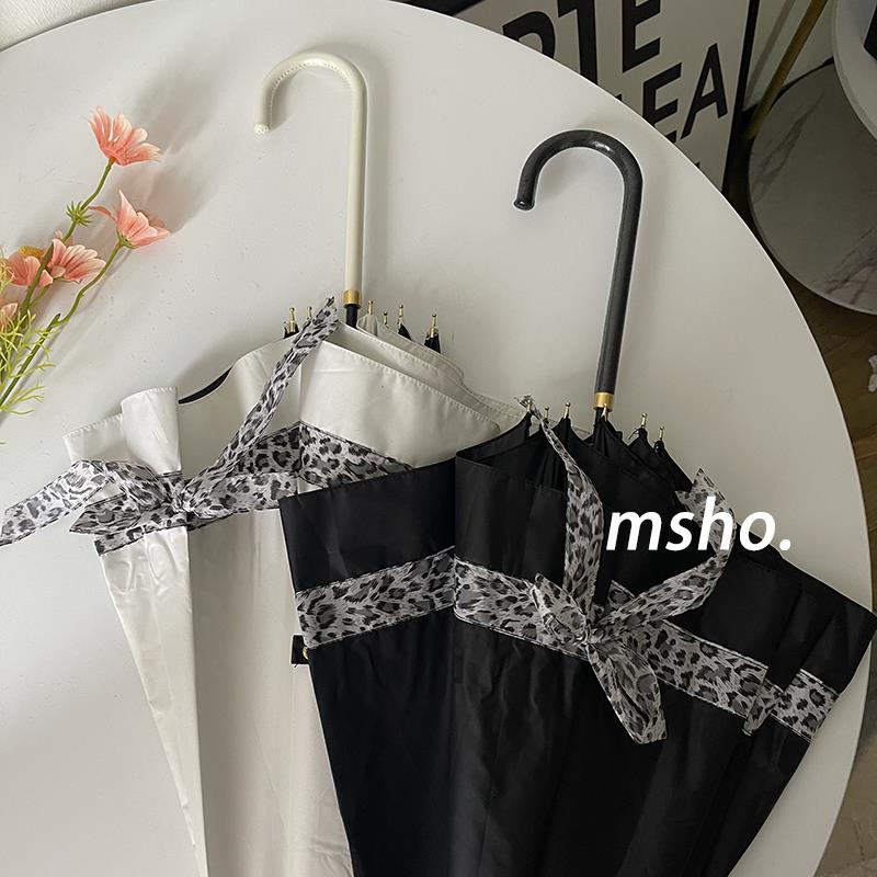msho豹纹蝴蝶结长柄雨伞女晴雨两用高颜值黑胶防晒防紫外线遮阳伞