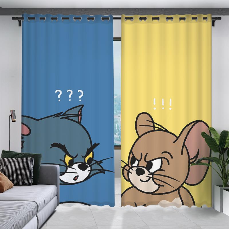 猫和老鼠卡通窗帘定制遮光儿童房间男孩书房阳台飘窗免打孔短帘子