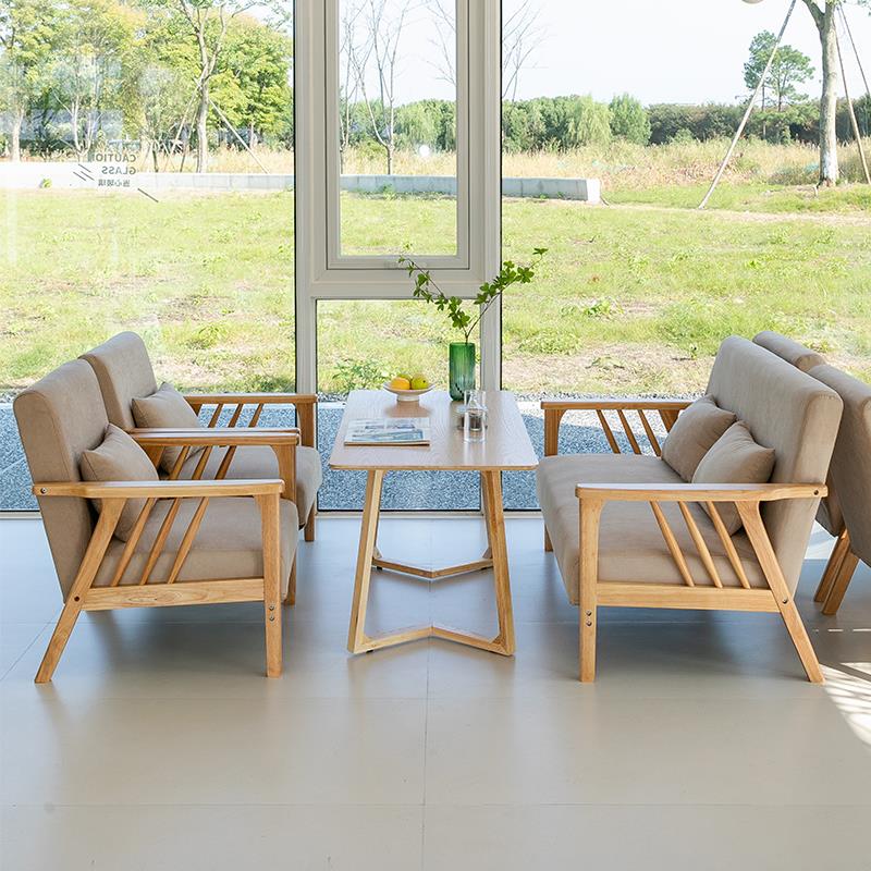 咖啡厅实木沙发桌椅组合奶茶店书吧休闲 区接待洽谈会客卡座沙发