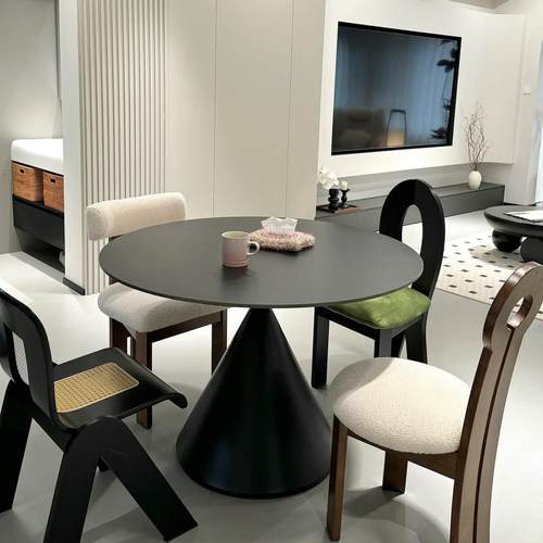 意式极简岩板餐桌现代轻奢圆形 纯白创意餐桌椅组合家用餐厅圆桌