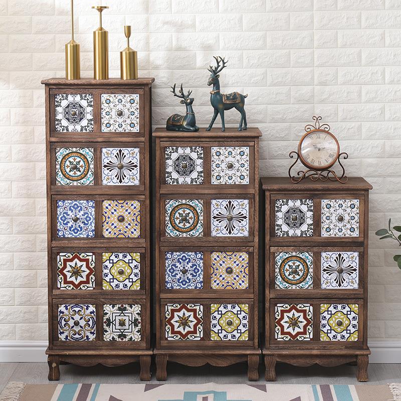 实木彩绘收纳柜抽屉式覆古收纳柜小型入户创意柜子靠墙多功能斗柜