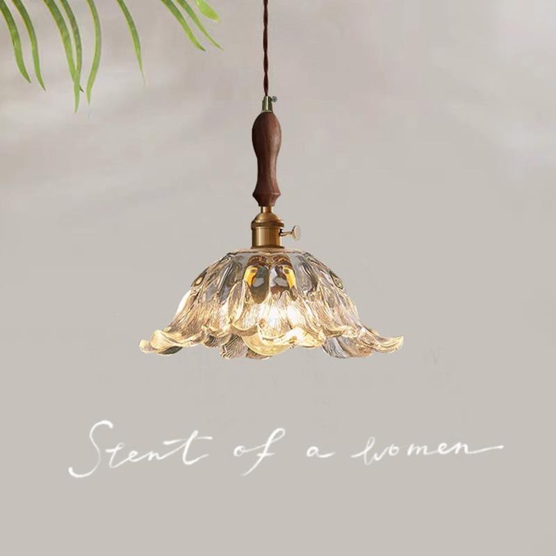 法式胡桃木花朵玻璃吊灯日式复古网红餐厅吧台黄铜灯民宿床头灯具