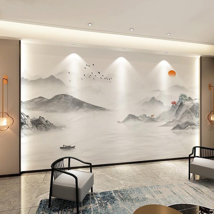 新中式电视背景墙集成墙板竹木纤维岩板水墨山水画客厅沙发护墙板