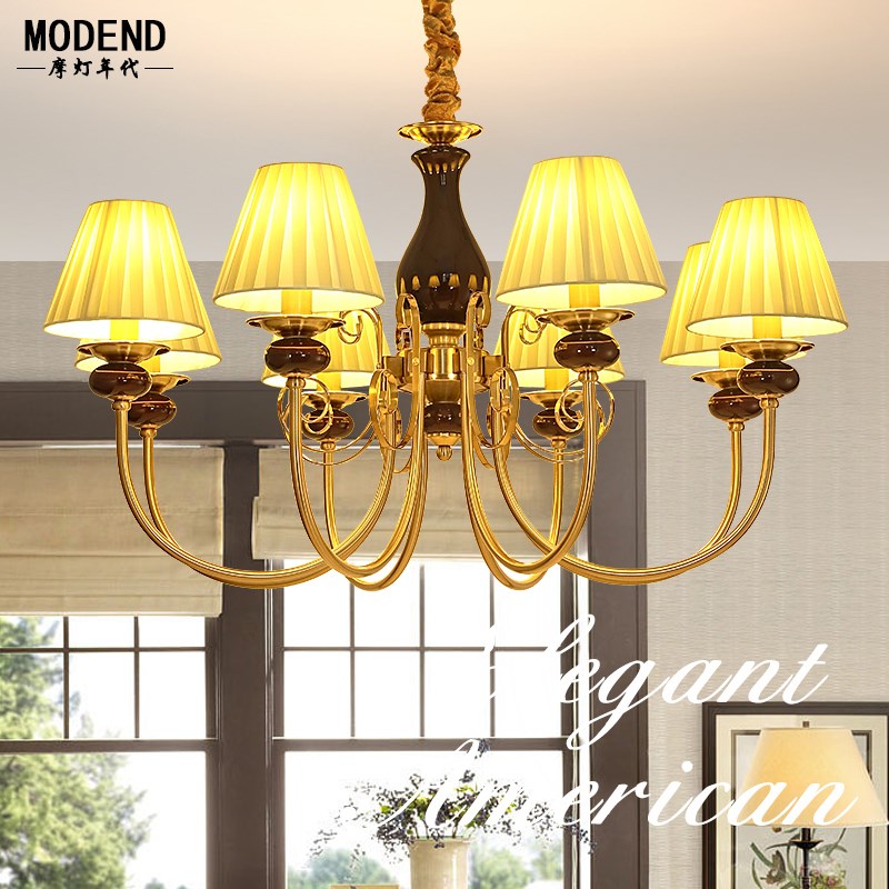 美式客厅吊灯卧室餐厅简约法式复古铜色灯百褶6头8头高档陶瓷灯具