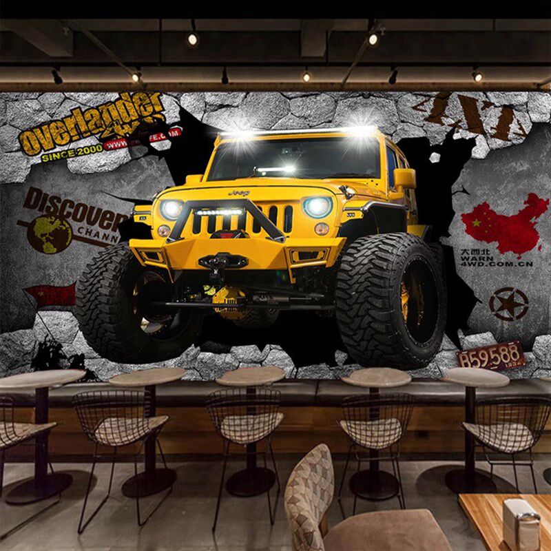 3d立体越野汽车破墙壁纸餐厅酒吧B背景墙壁纸工业风网吧修理厂墙