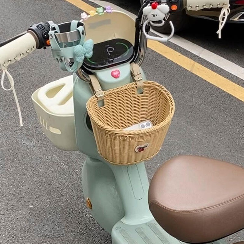 电动车挂包前置藤编车筐电瓶车自行车通用款多功能置物收纳筐神器