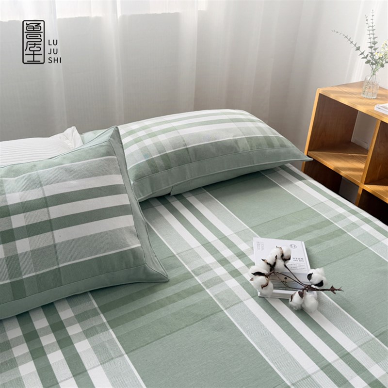 鲁居士纯棉老粗布凉席t三件套加厚加密夏季床单绿色全棉空调