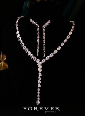 奢华礼服时尚宴会配饰闪耀锆石长款Y字项链新娘礼服项链耳环套装