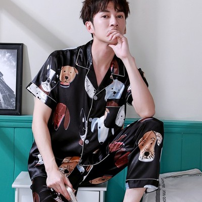 男士睡衣夏季薄款冰n丝家居服男款丝质短袖长裤卡通丝绸加大码套