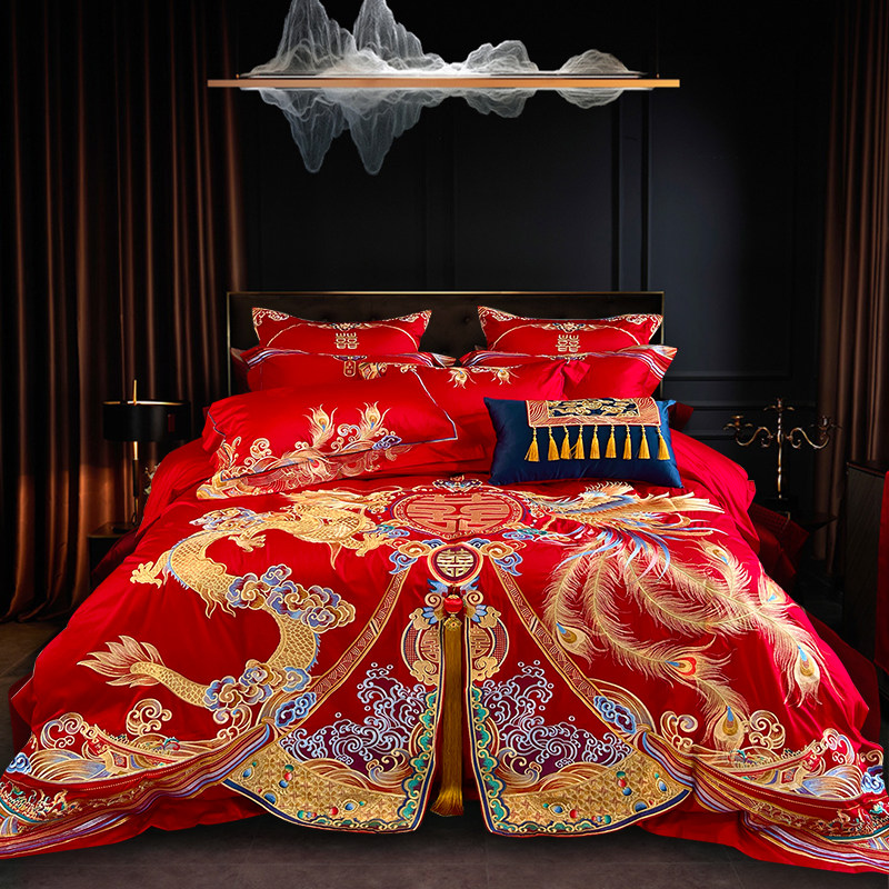 大红色龙凤婚庆全棉四件套纯棉结婚刺绣六八十件婚礼床上用品被套,床上用品,婚庆床品套件,淘宝优惠券,粉丝福利购,淘宝优惠卷