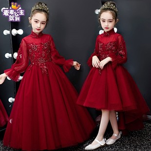 钢琴表演礼服女童蓬蓬公主裙儿童红色连衣裙花童婚纱长裙春秋走秀