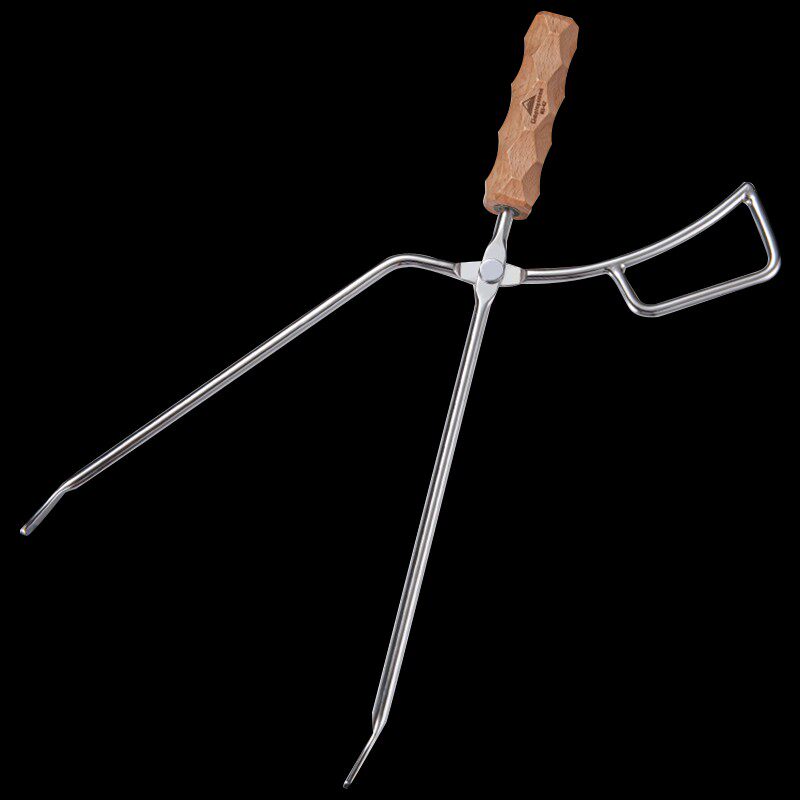柯曼户外不锈钢焚火钳榉木手柄柴禾木炭烧烤钳子实心钢棒制成火棍